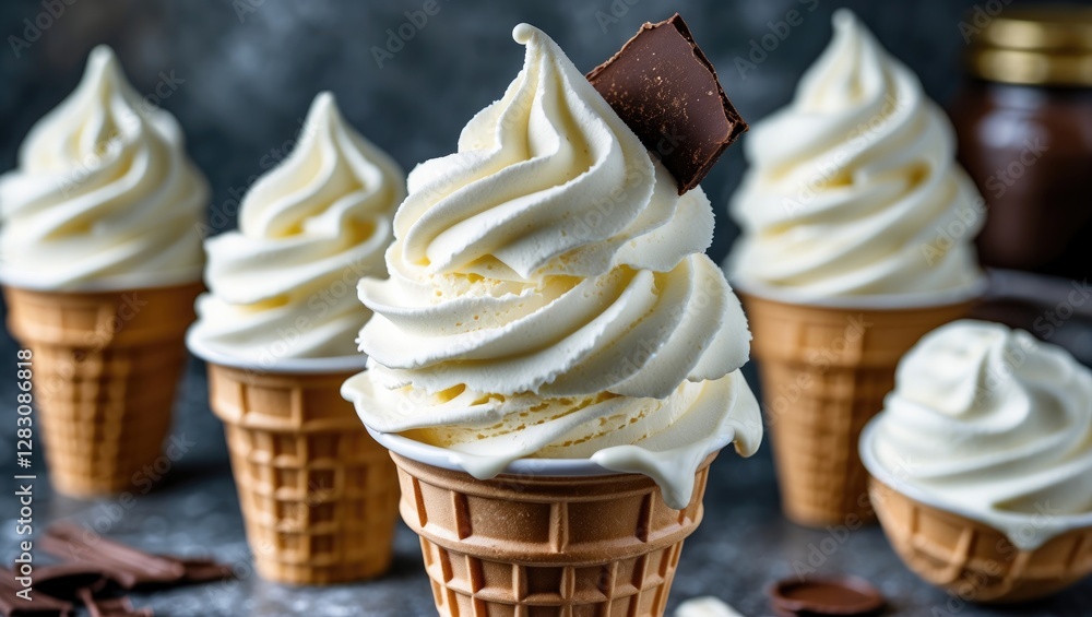 Poster delicious soft serve ice cream in waffle cones topped with chocolate pieces on a dark background wit