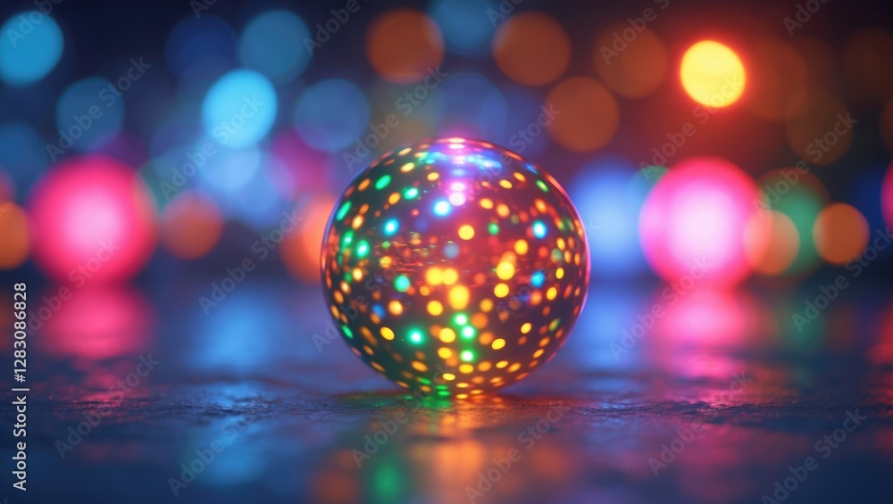 Aufkleber colorful reflective orb on a surface with blurred multicolored bokeh lights in the background.