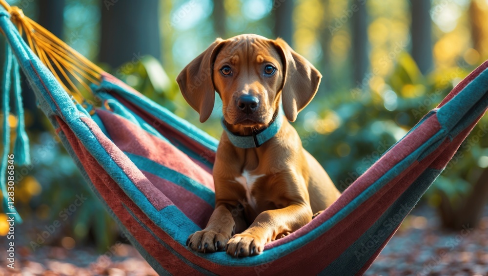 Poster dog lounging in a colorful hammock surrounded by greenery in a sunny forest setting with vibrant col