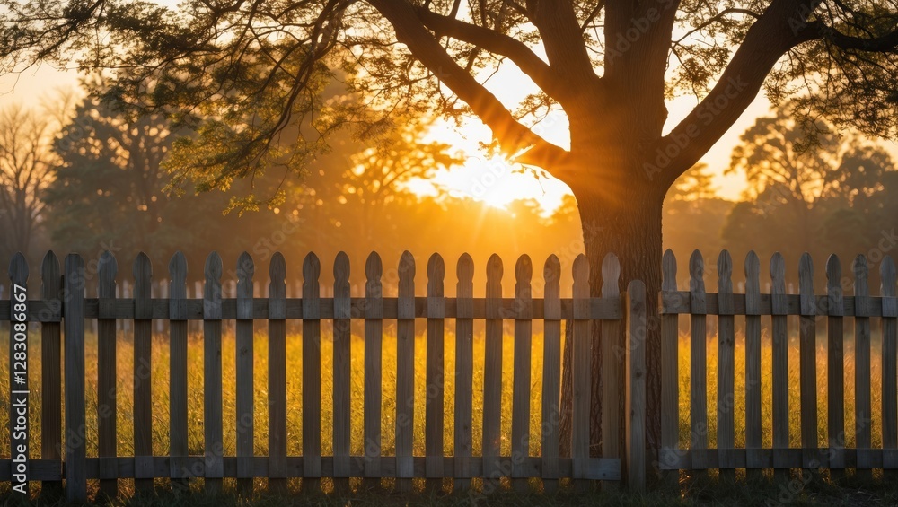 Poster sunrise behind a tree and fence creating backlit natural scenery with golden rays and soft grass in 