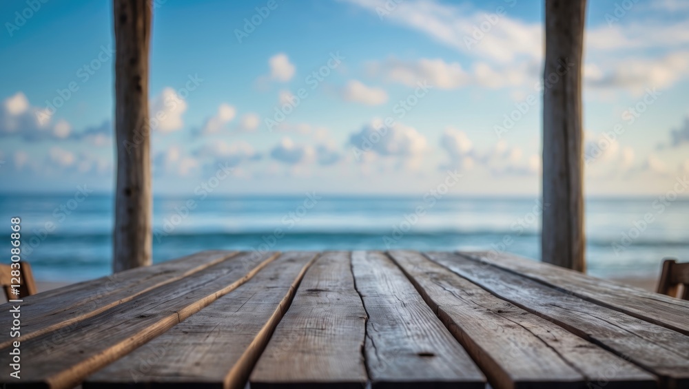 Poster wooden table in foreground with ocean view and cloudy sky in the background creating a tranquil seas
