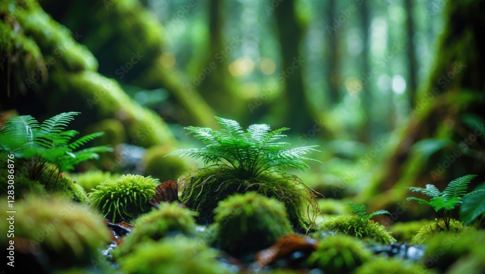 Poster lush green ferns and moss covering rocks in a dense forest with soft natural light filtering through