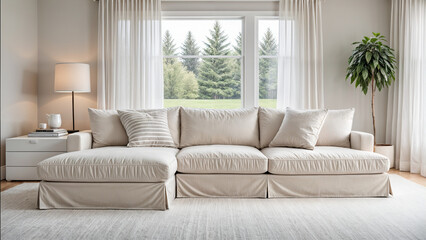This image shows a modern living room with a sexy cream-colored sofa, white curtains, a potted plant, a lamp, and a collection of books on the side table.