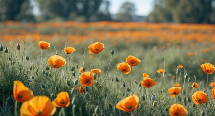Obraz premium Vibrant orange poppy flowers blooming in a lush green field under clear blue skies with natural lighting Copy Space