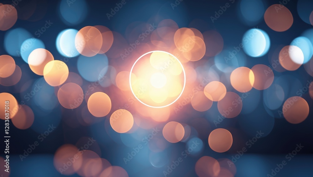 Poster abstract bokeh lights with a central bright orb on a dark blue background creating a soft glowing ef