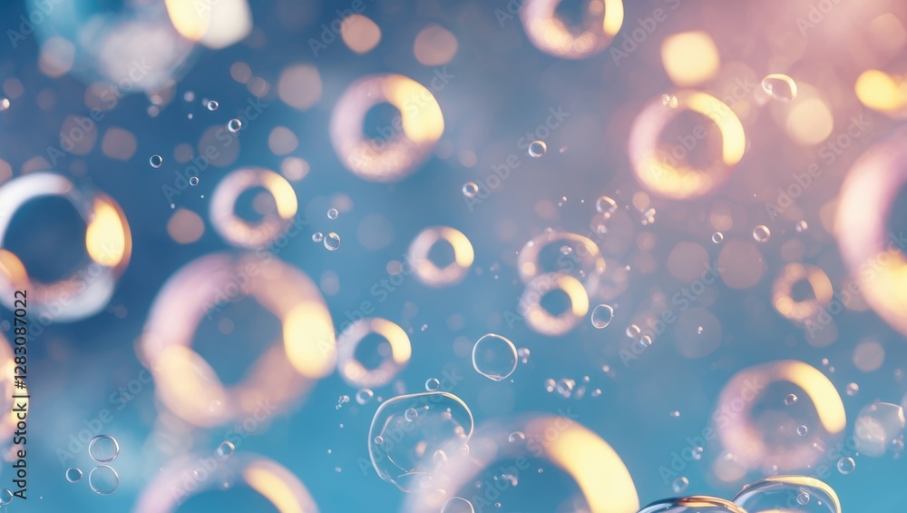 Poster abstract close-up background of floating soap bubbles with colorful reflections and soft focus on a 