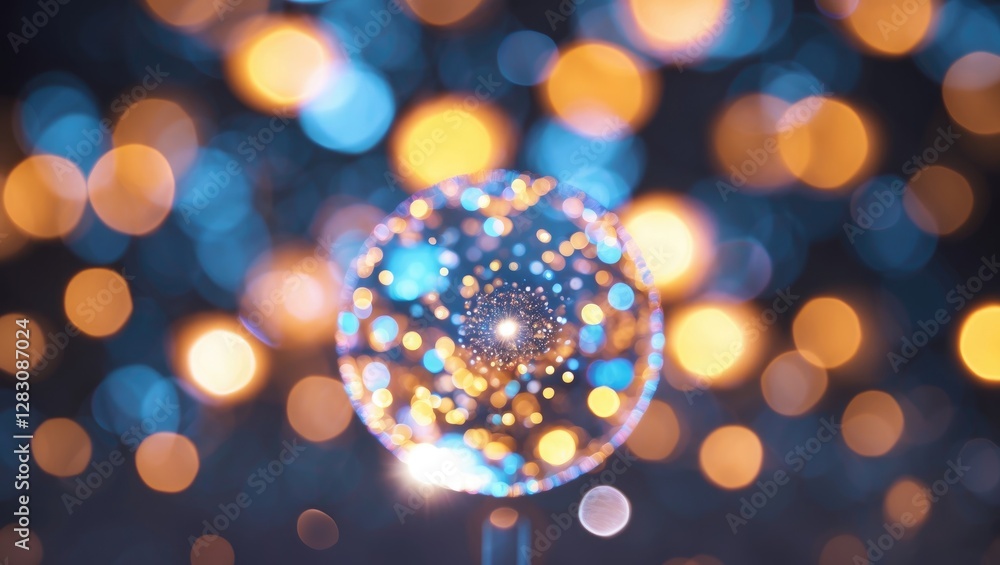 Poster abstract image of a circular lens containing colorful bokeh lights with a blurred background in blue