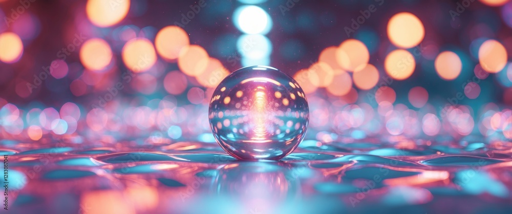 Poster colorful abstract sphere on a reflective surface with dynamic bokeh lights in background creating a 