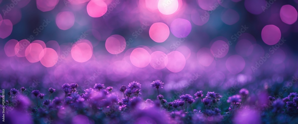 Poster purple flower field with soft bokeh background creating a dreamy atmosphere in blurred natural setti