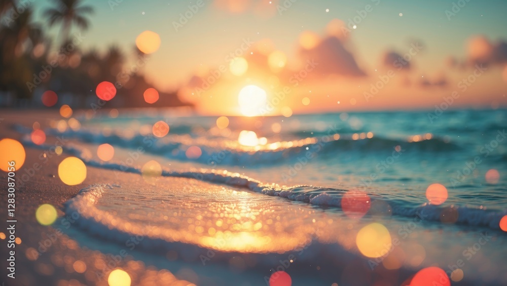 Aufkleber sunset over tranquil beach with soft waves and bokeh effect of warm colors in foreground and palm tr