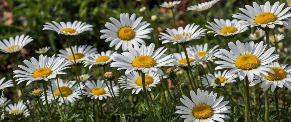 Poster field of white daisies with yellow centers blooming in natural green setting with soft focus and amp