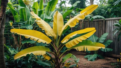 Fototapeta premium Tropical plant with large yellow leaves in a lush garden setting surrounded by greenery and fence. Copy Space