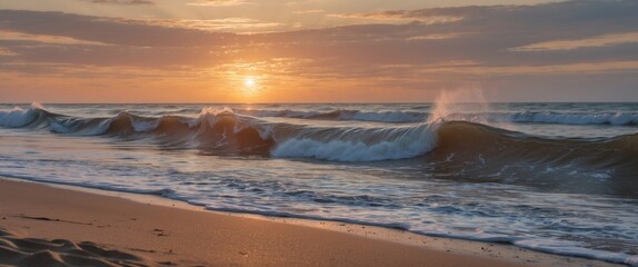 Sunset over ocean waves with sandy beach foreground and dramatic sky, tranquil natural landscape with reflection and copy space
