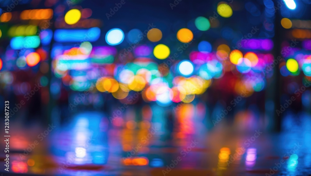 Poster colorful bokeh background of illuminated lights reflecting on a wet surface at night in an urban set