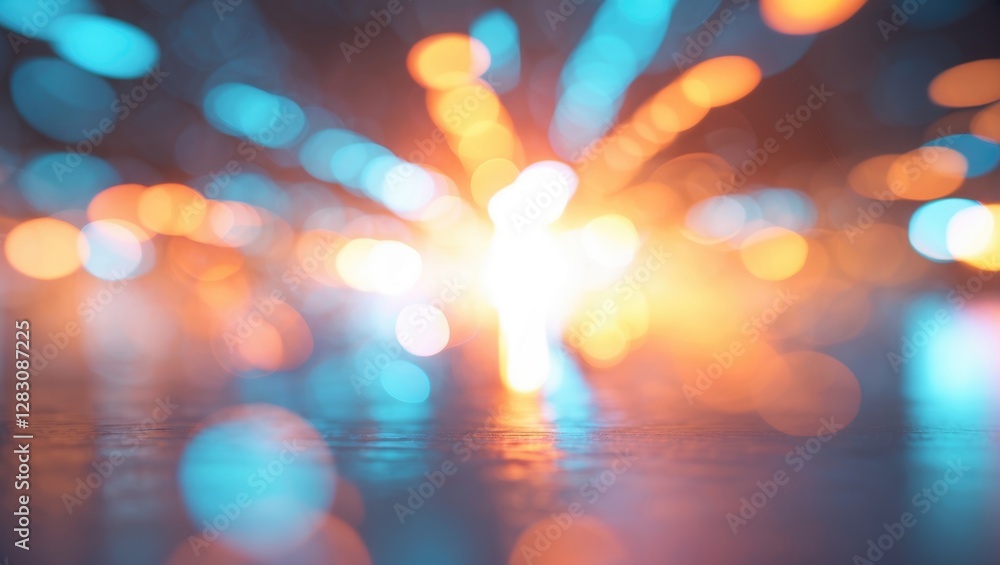 Poster abstract blurred background with bright multicolored lights in blue orange and white tones creating 