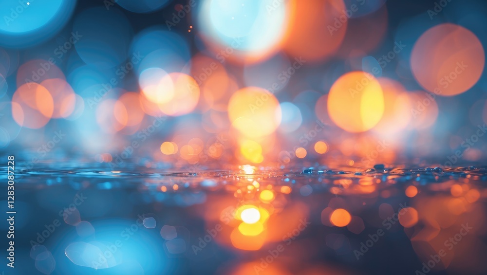 Poster abstract background with colorful bokeh lights in blue and orange hues on wet surface visually appea