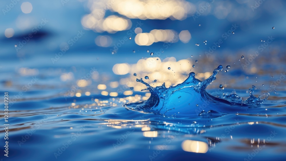 Poster water splash with droplets and reflections in background creating bokeh effect on surface of blue wa