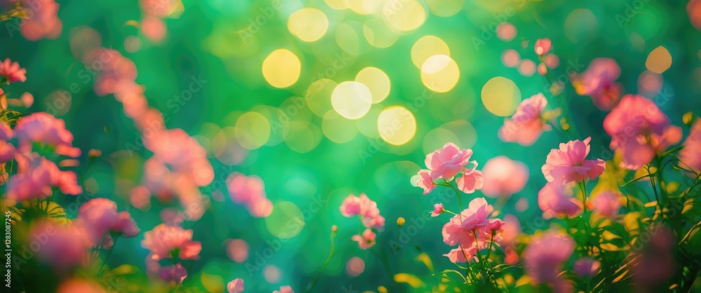 Poster close-up of pink flowers with a soft focus background featuring a bokeh effect of green and yellow l