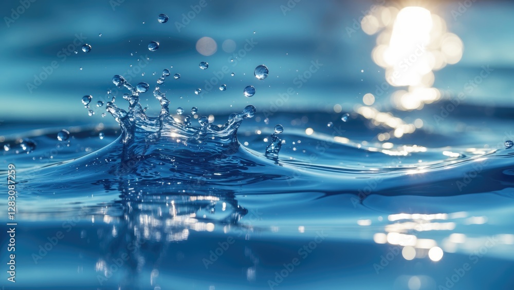 Poster water droplets splashing in a calm blue water surface with sunlight reflections creating a shimmerin