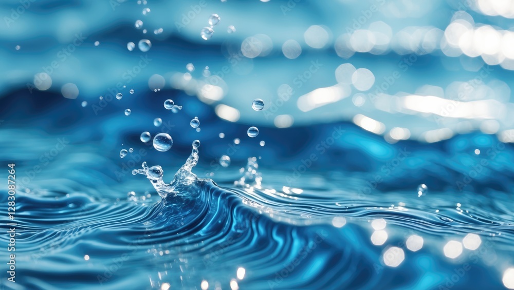 Poster water droplets splashing on a surface creating ripples and reflections in a blue water background