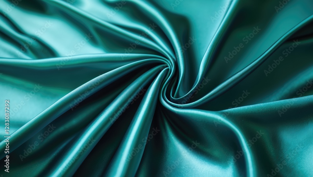 Poster close-up of teal satin fabric with smooth texture and ripples creating flowing patterns in soft ligh