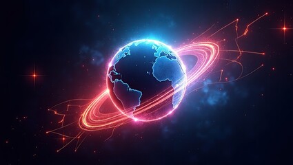 Vibrant Earth with Glowing Rings in Space, 8k wallpaper for PC, technological background image 