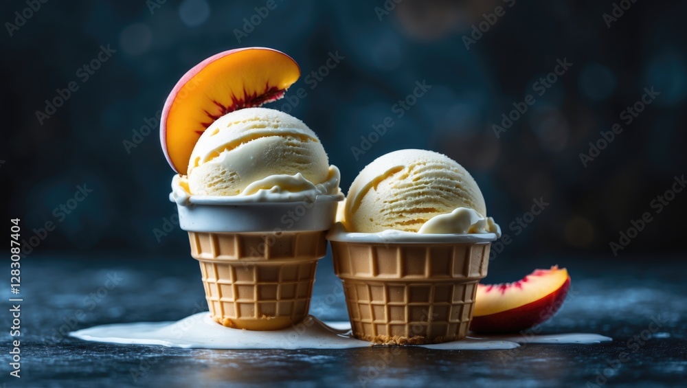 Poster two ice cream cones with vanilla ice cream and fresh peach slices on a dark background with spilled 