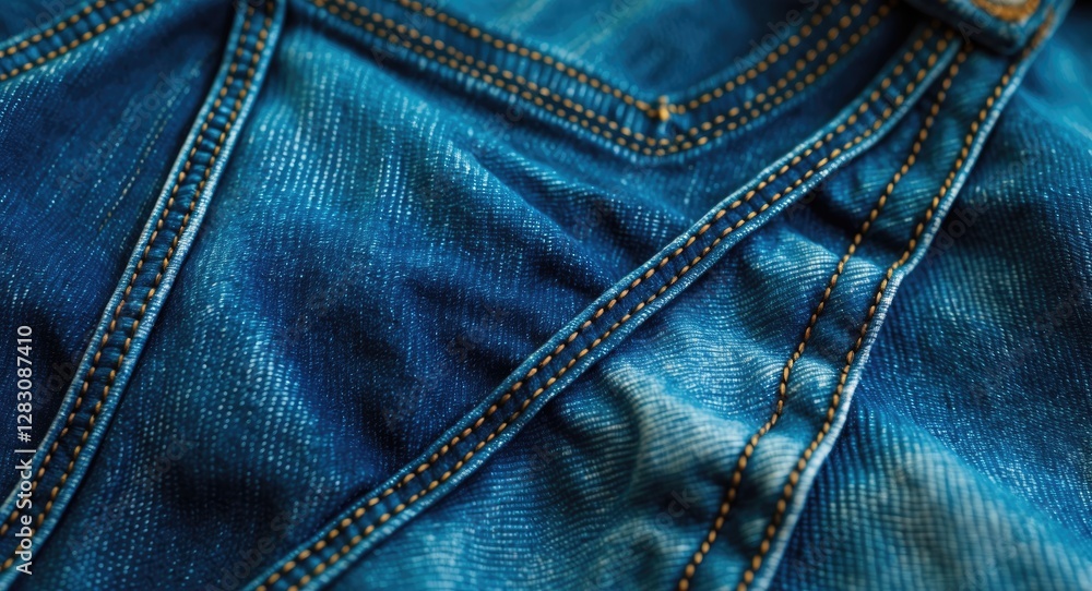Poster close-up view of blue denim fabric with stitching details featuring texture and color variations in 