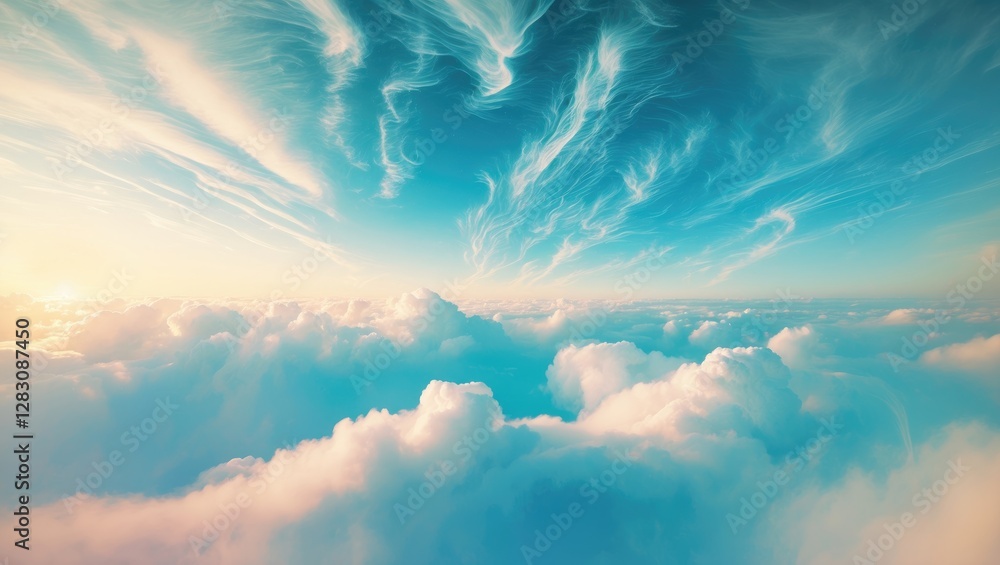 Poster sky view with clouds and blue background during sunset with wispy cloud formations and soft light in