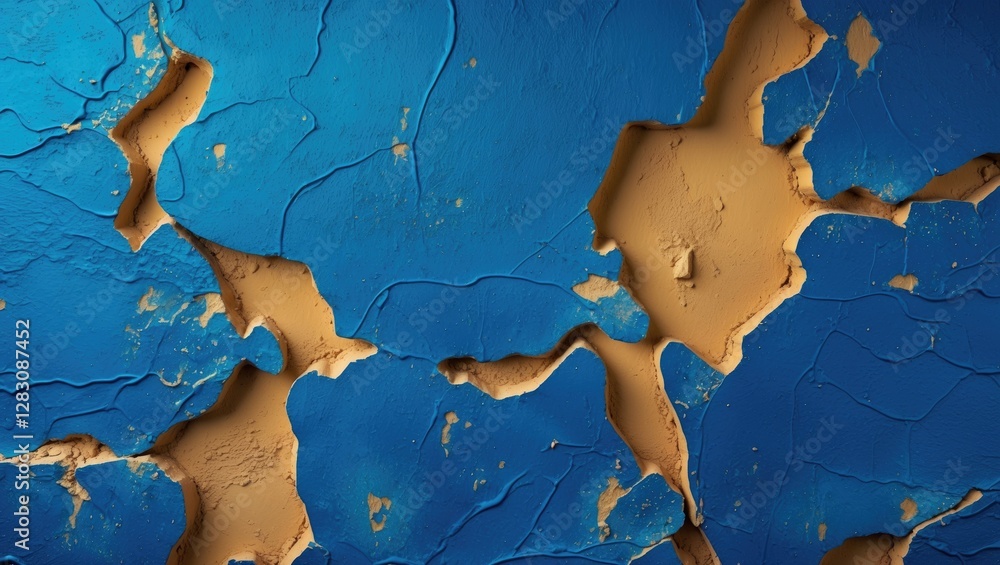 Poster textured wall surface with peeling blue paint and exposed brown underlayer creating an abstract patt