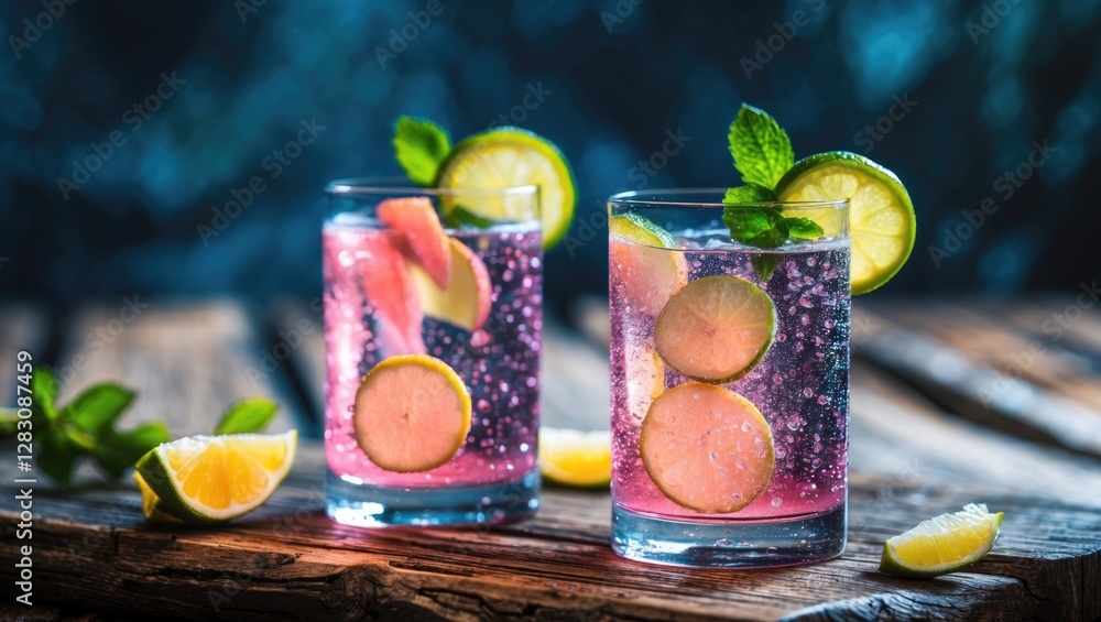 Poster Two refreshing cocktail glasses with lime and mint on a wooden table with lemon slices and bubbles in a dimly lit background Copy Space