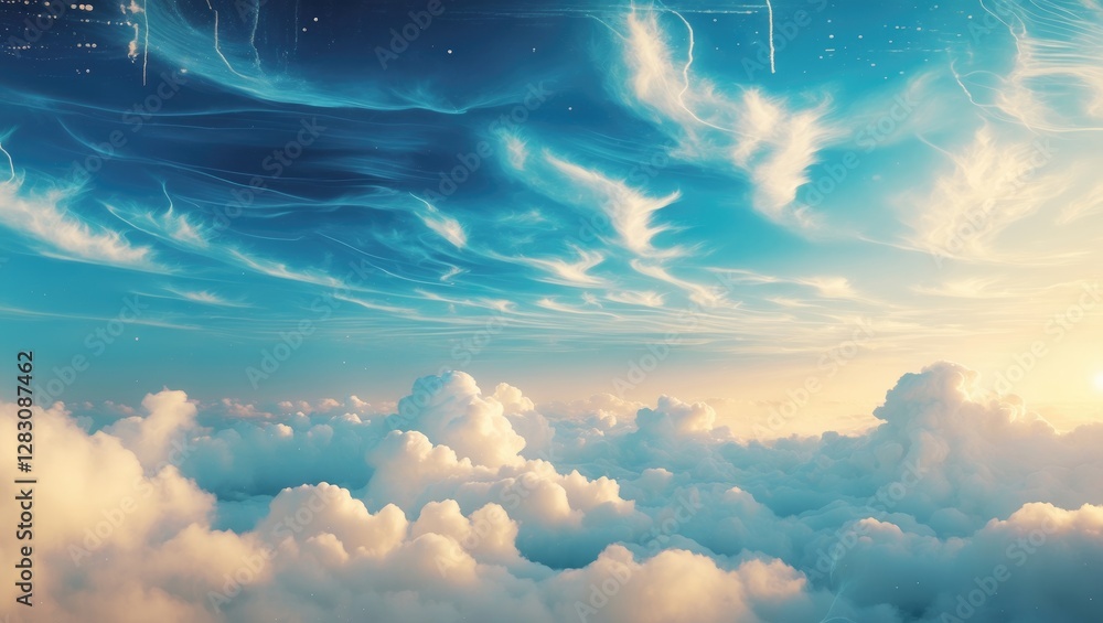 Poster high-resolution image of fluffy clouds under a vibrant sky with artistic swirling patterns and soft 