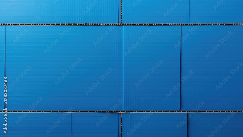 Poster blue cardboard boxes stacked in a structured arrangement with visible texture and seams, background 