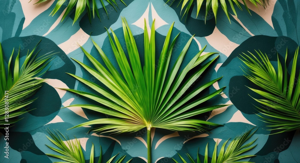Aufkleber tropical palm leaves arrangement on colorful leaf patterned background with ample space for text pla
