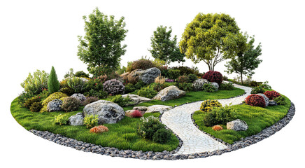 Vibrant garden landscape with diverse plants and flowers, isolated on transparent cutout background