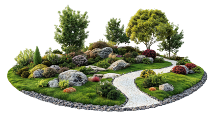 Vibrant garden landscape with diverse plants and flowers, isolated on transparent cutout background