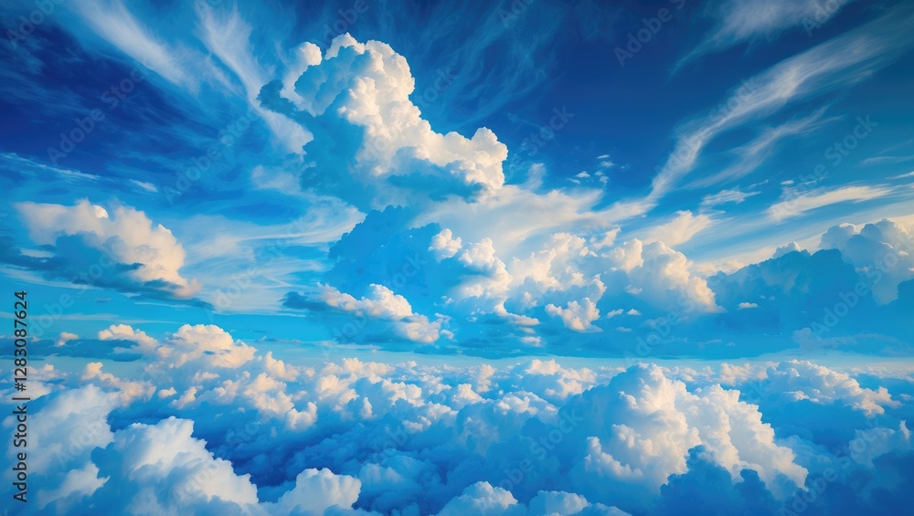 Poster blue sky with fluffy white clouds scattered across the horizon creating a serene atmosphere in a bri