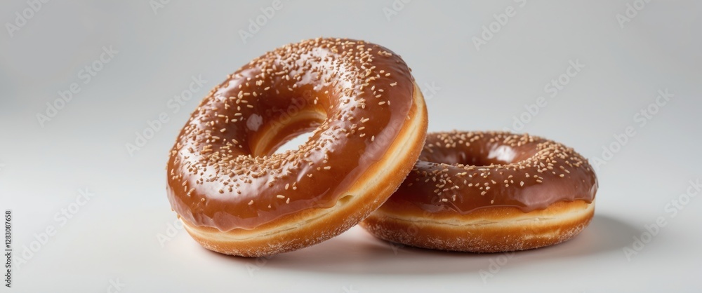 Aufkleber glazed donuts with sesame seeds on top displayed on a plain background with copy space