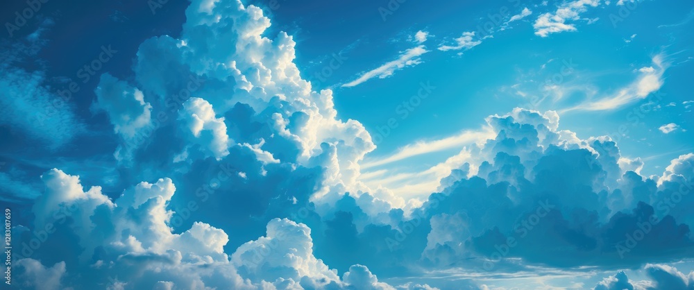Poster fluffy white clouds in a bright blue sky with soft light and gentle shadows creating depth and textu