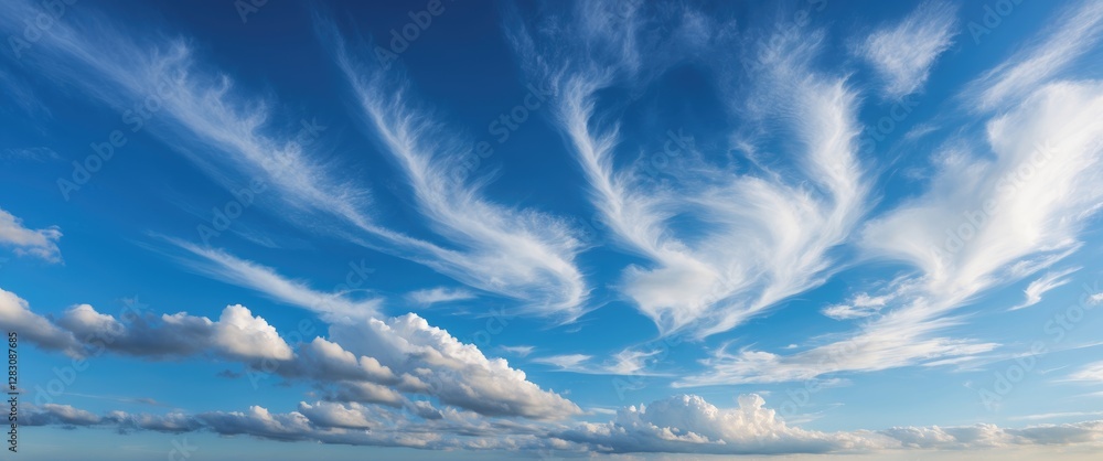 Poster crisp blue sky with wispy white clouds and dynamic cloud formations during daylight hours in a panor
