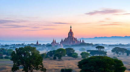 Obraz premium Ancient Temple Complex at Sunrise in Bagan Myanmar with Pink Hued Sky and Silhouette