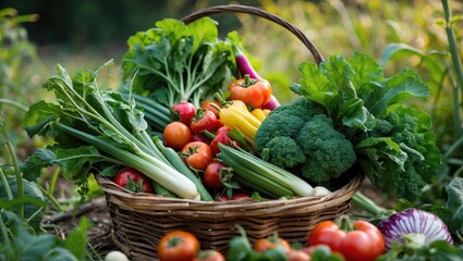 Freshly harvested vegetables in a wicker basket including broccoli tomatoes and greens on a garden background with Copy Space