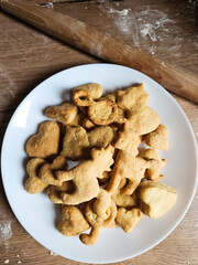 Fresh Baked Animal, Heart Cookies, biscuits on a plate, ready-made, homemade pastries. High quality photo