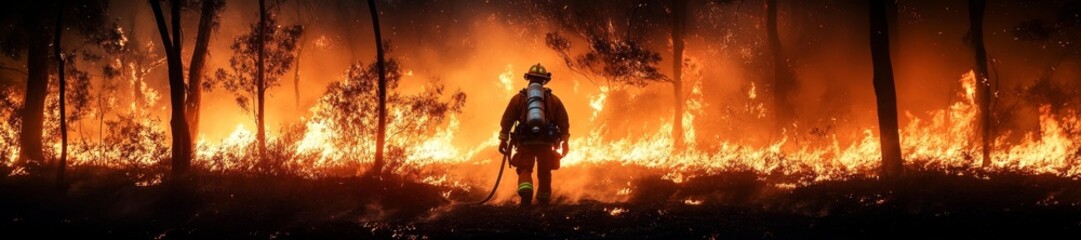 Fototapeta premium Firefighter battling wildfire dramatic orange flames and smoke surrounding the forest. Generative AI