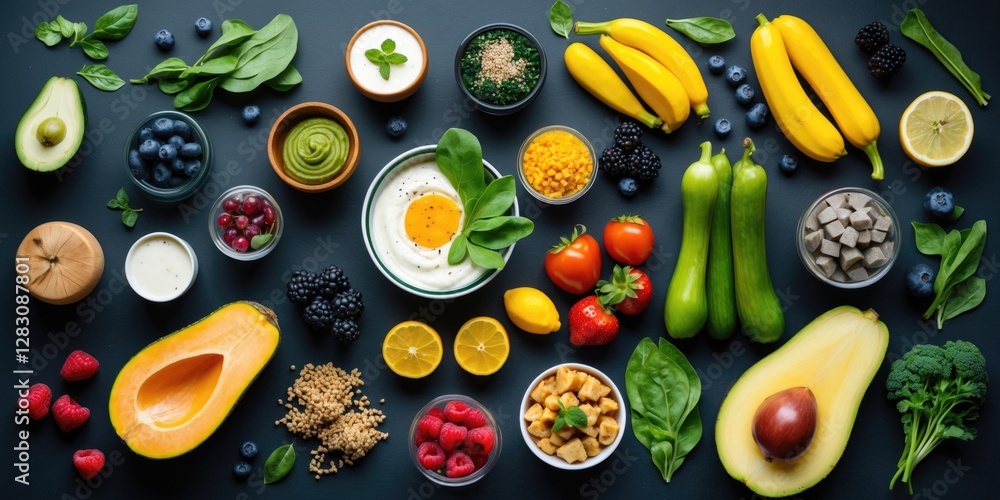 Poster vegetables and fruits assortment with eggs and yogurt on dark background arranged creatively with co