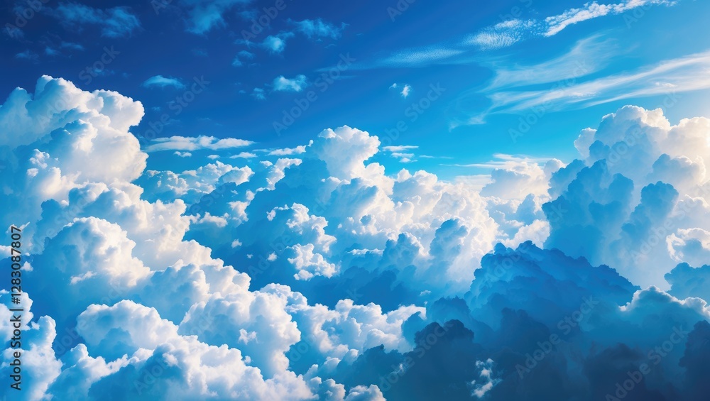 Poster blue sky with fluffy white clouds and soft lighting creating a tranquil atmosphere suitable for back