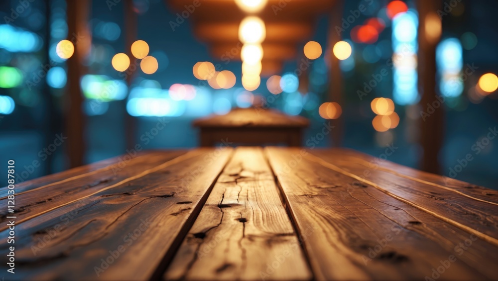 Poster blurred wooden table surface with warm lighting and night city bokeh in background featuring copy sp