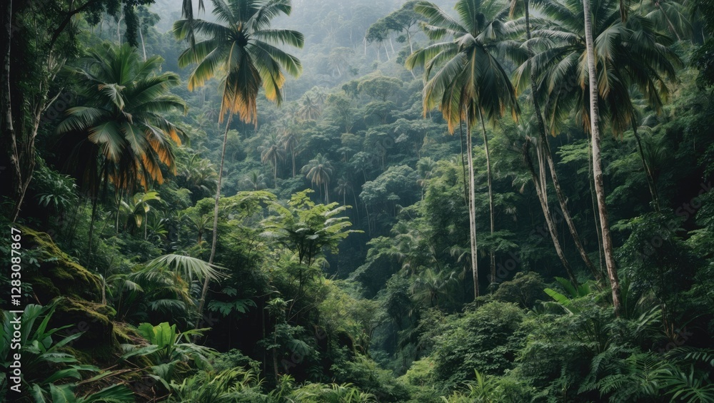 Poster lush tropical rainforest with tall palm trees and dense greenery in a misty atmosphere offering copy