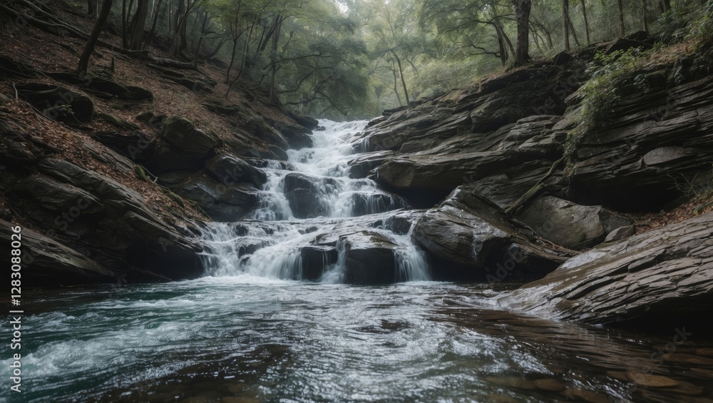Poster waterfall cascading over rocks in a lush forest setting with calm water pool below and surrounding g
