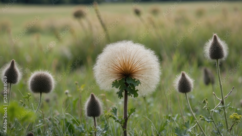Poster fluffy thistle flower surrounded by smaller buds in a green field with shallow depth of field and na